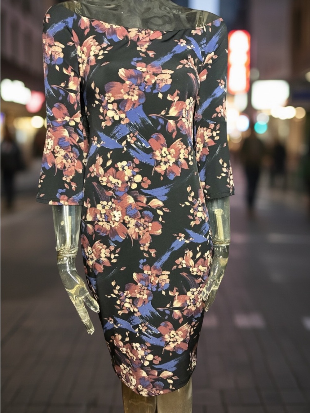 Veronica M Black Floral Brushstroke Midi Dress with Pink and Blue Accents